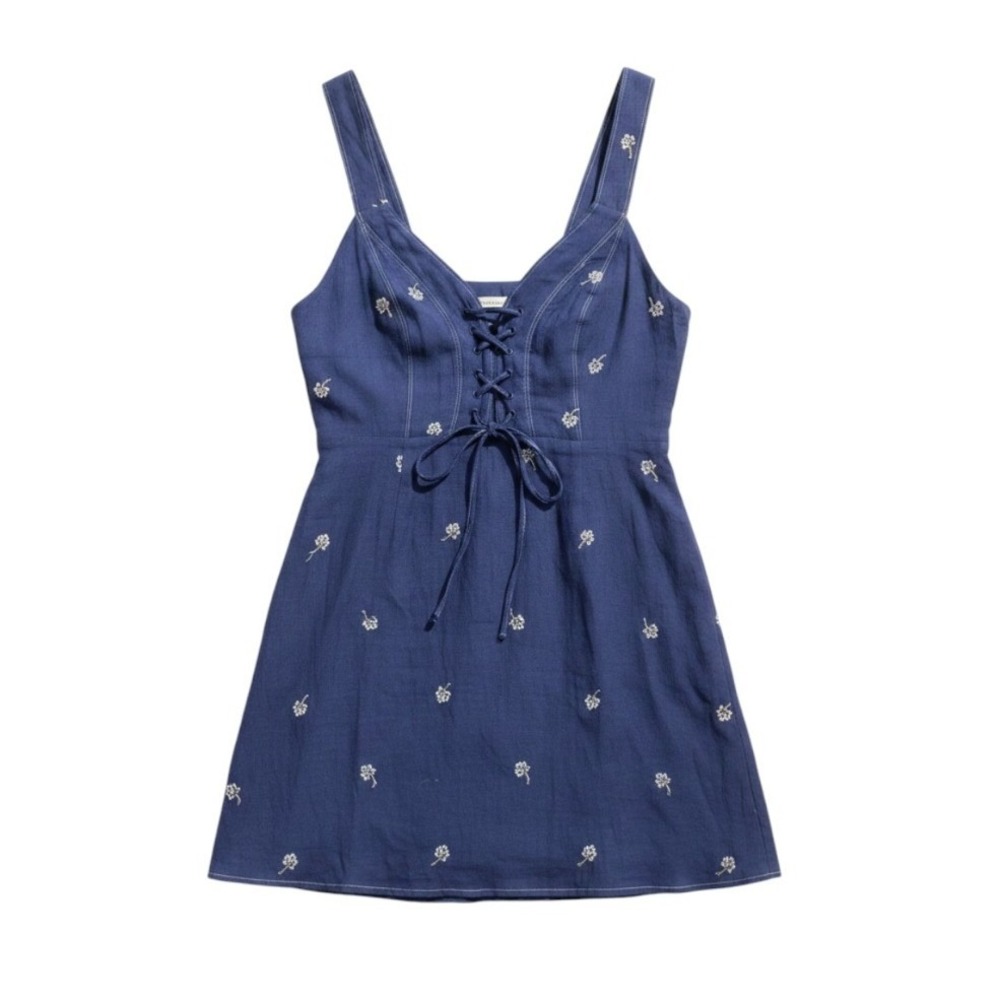 THE EAST ORDER Corset Mini Dress Embroidered Floral Small Blue Boho Summer Folk